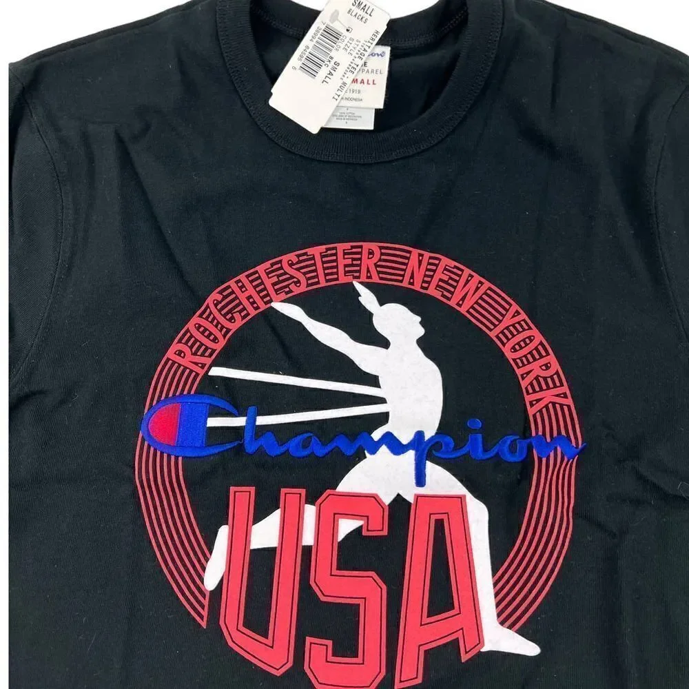 New Champion Men US S Athletic Top Sports Black Cotton T-Shirt Heritage Tee - Picture 4 of 5